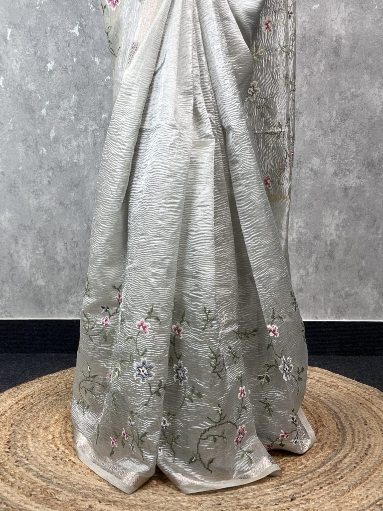 SEMI ORGANZA CROSS STITCH EMBROIDERY SAREE - Image 3