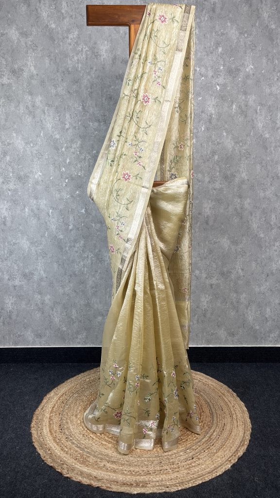SEMI ORGANZA CROSS STITCH EMBROIDERY SAREE