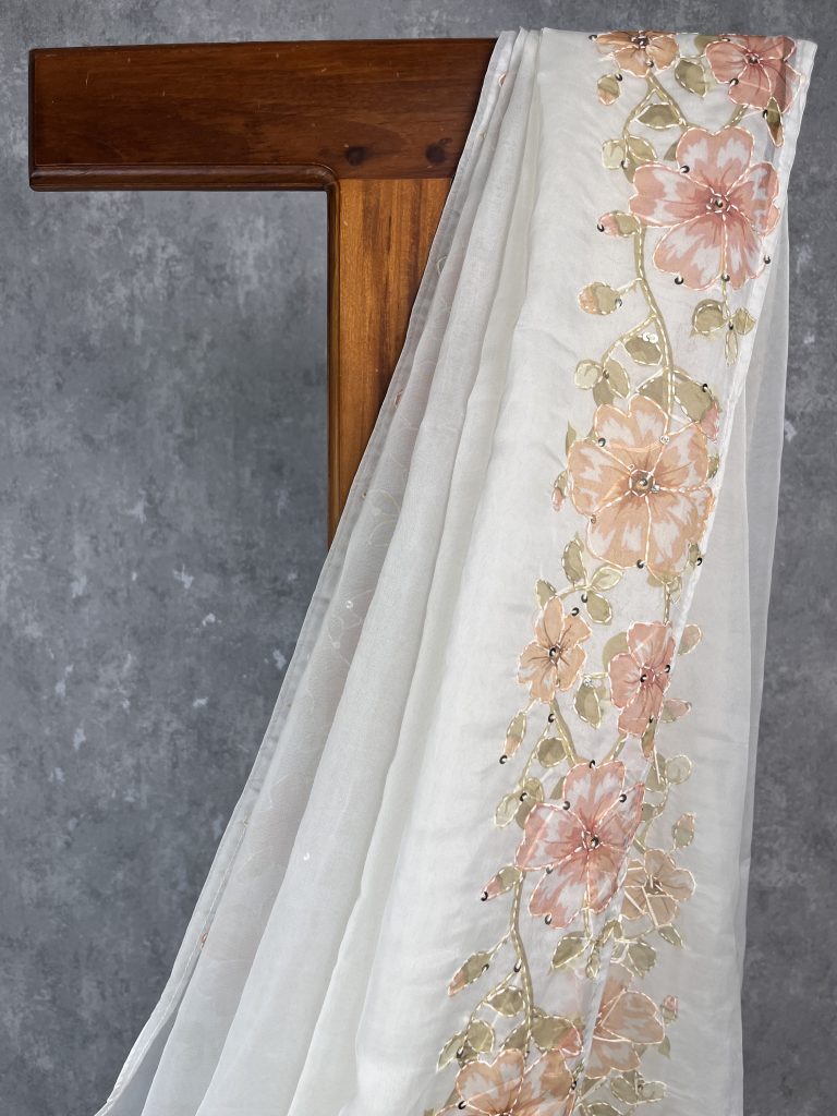 SEMI ORGANZA KANTHA STITCH EMBROIDERY SAREE - Image 2