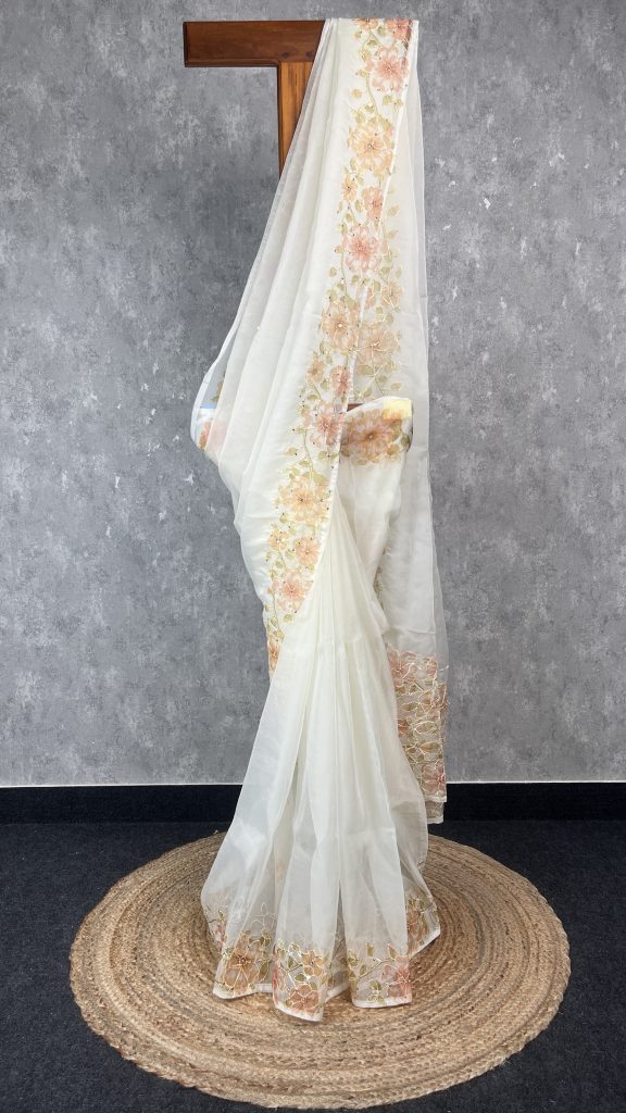 SEMI ORGANZA KANTHA STITCH EMBROIDERY SAREE