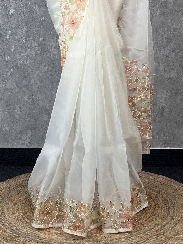 SEMI ORGANZA KANTHA STITCH EMBROIDERY SAREE - Image 3