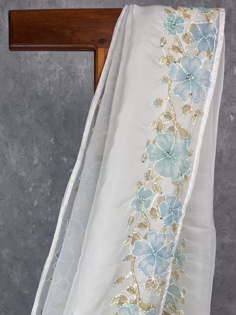 SEMI ORGANZA KANTHA STITCH EMBROIDERY SAREE - Image 2