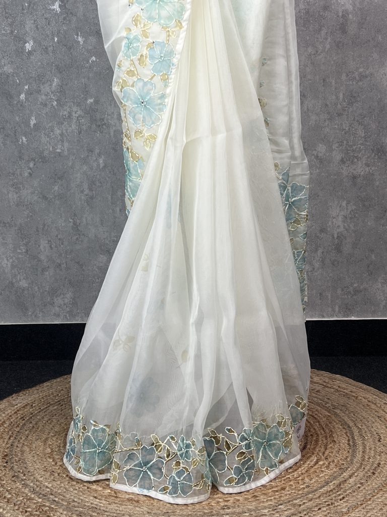 SEMI ORGANZA KANTHA STITCH EMBROIDERY SAREE - Image 3