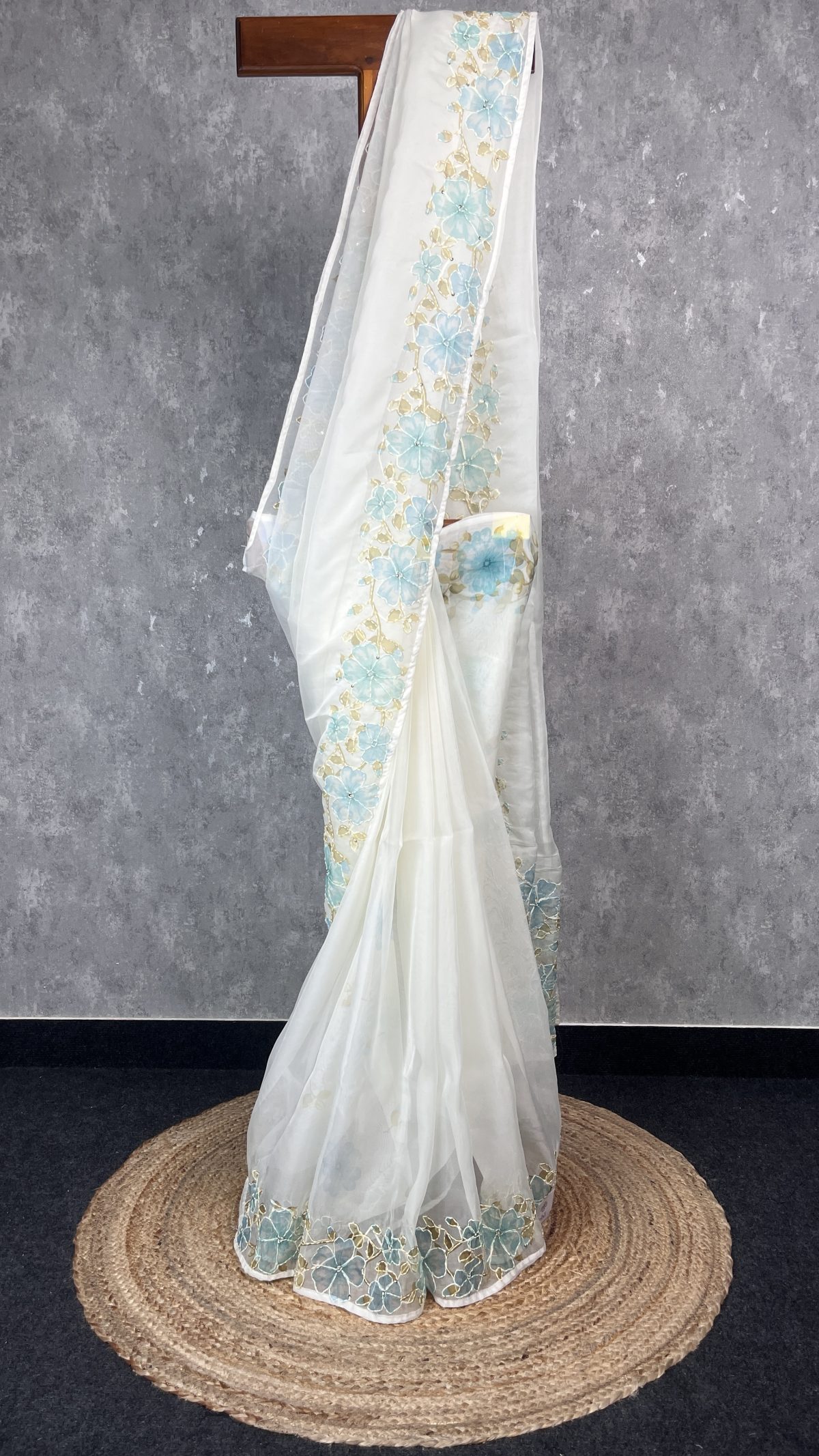 SEMI ORGANZA KANTHA STITCH EMBROIDERY SAREE