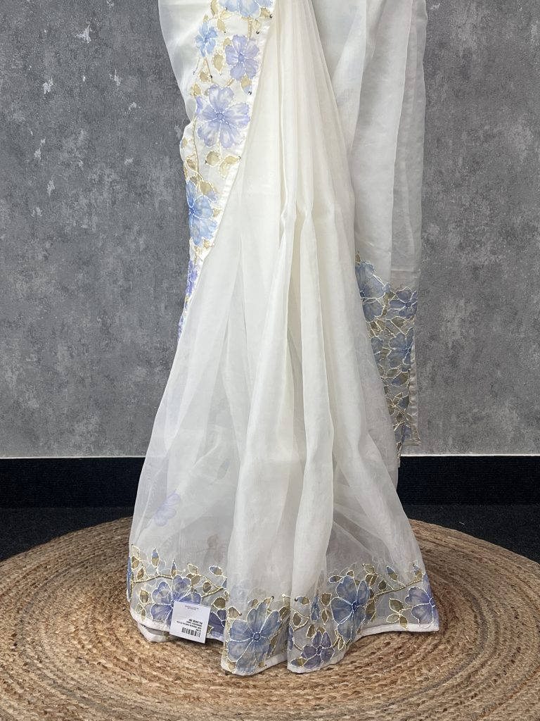SEMI ORGANZA KANTHA STITCHED EMBROIDERY SAREE - Image 3