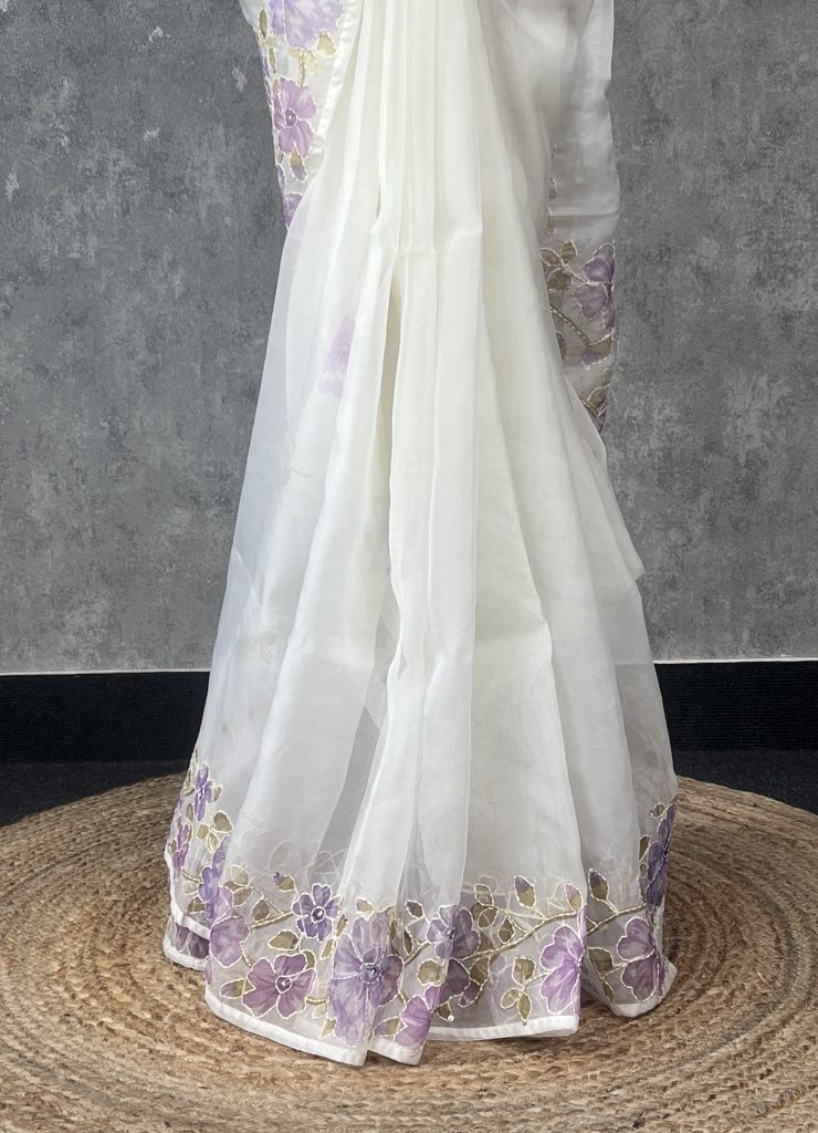 SEMI ORGANZA KANTHA STITCH EMBROIDERY SAREE - Image 3