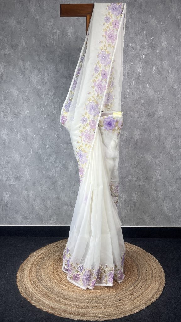 SEMI ORGANZA KANTHA STITCH EMBROIDERY SAREE