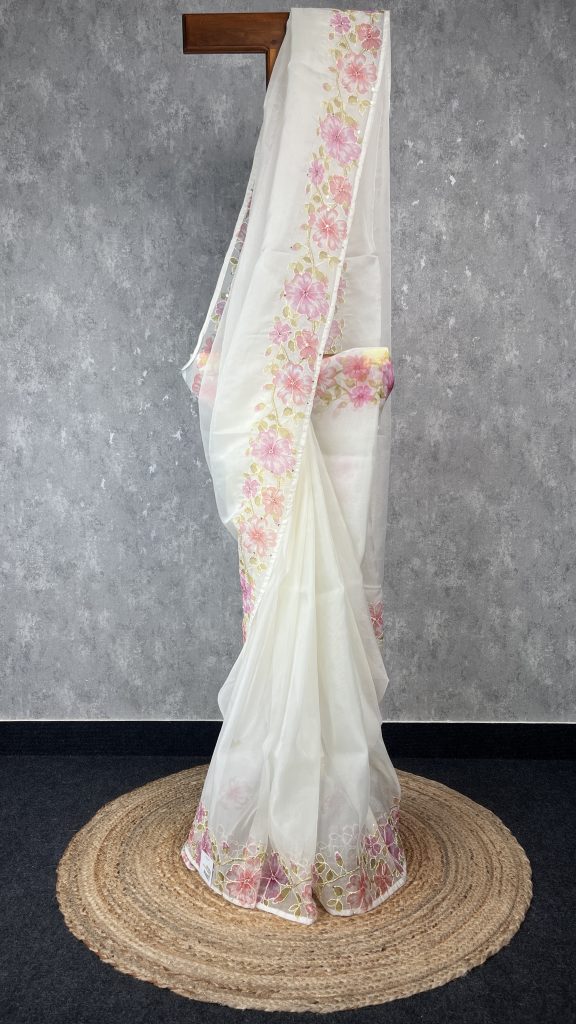 SEMI ORGANZA KANTHA STITCH EMBROIDERY SAREE