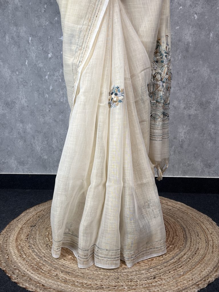 SEMI LINEN EMBROIDERY SAREE - Image 3
