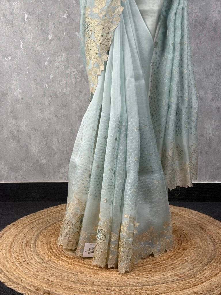 SILK ORGANZA APPLIQUE EMBROIDERY SAREE - Image 3