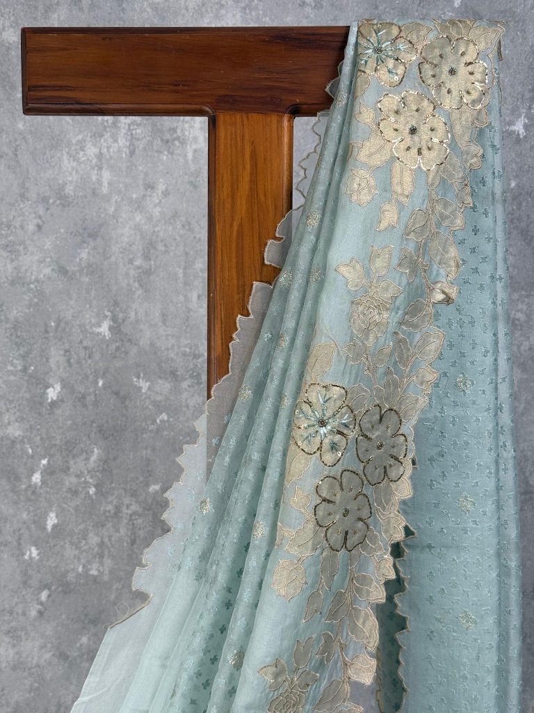 SILK ORGANZA APPLIQUE EMBROIDERY SAREE - Image 2