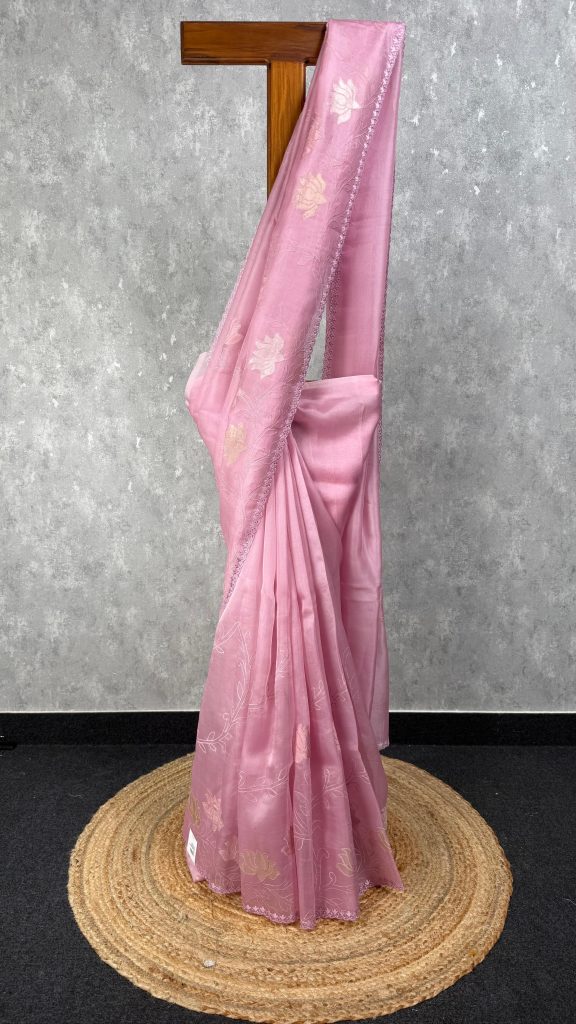 SILK ORGANZA TISSUE APPLIQUE EMBROIDERY SAREE