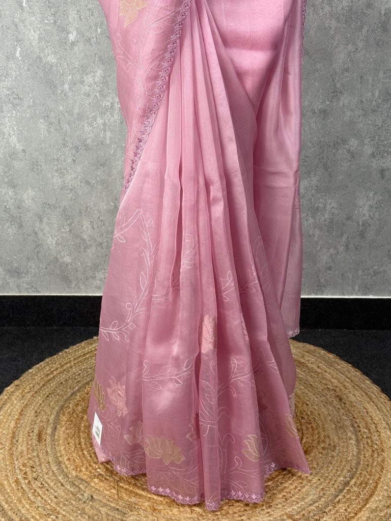 SILK ORGANZA  APPLIQUE EMBROIDERY SAREE - Image 3