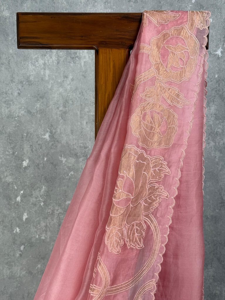 SILK ORGANZA TISSUE APPLIQUE EMBROIDERY SAREE - Image 2