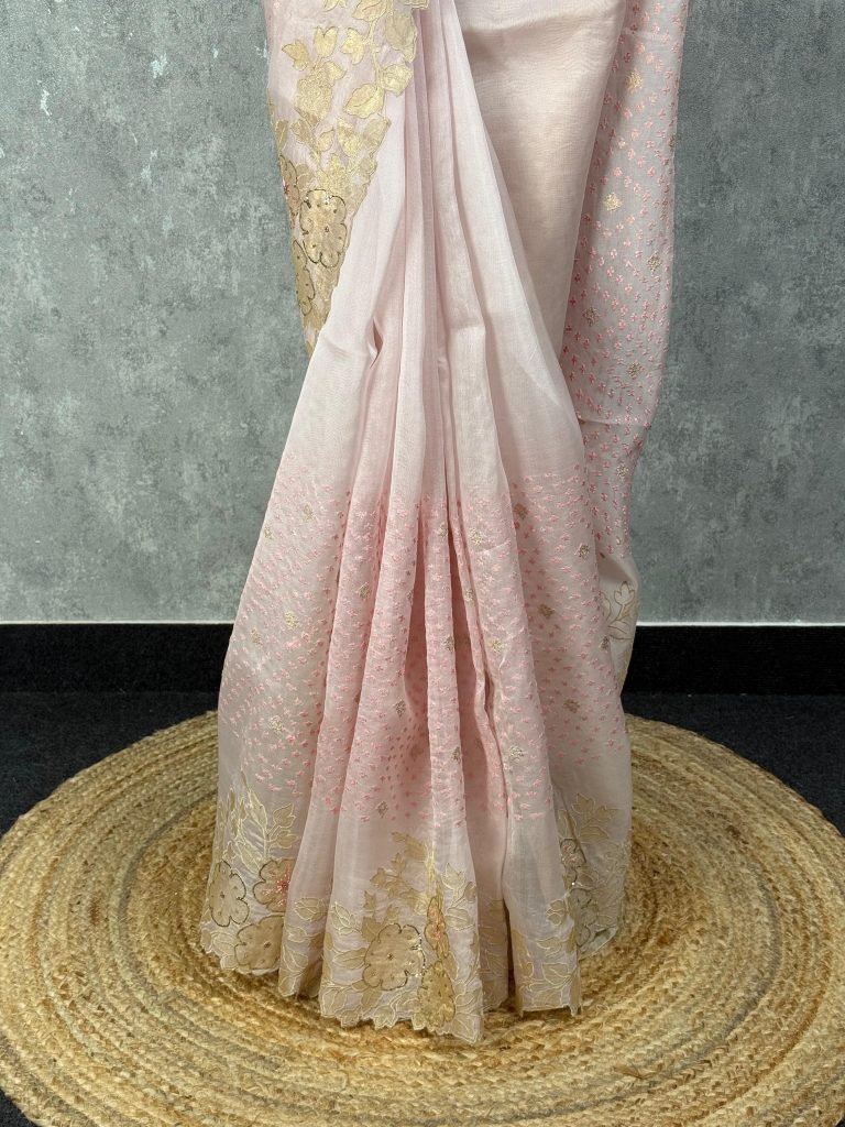 SILK ORGANZA APPLIQUE EMBROIDERY SAREE - Image 3