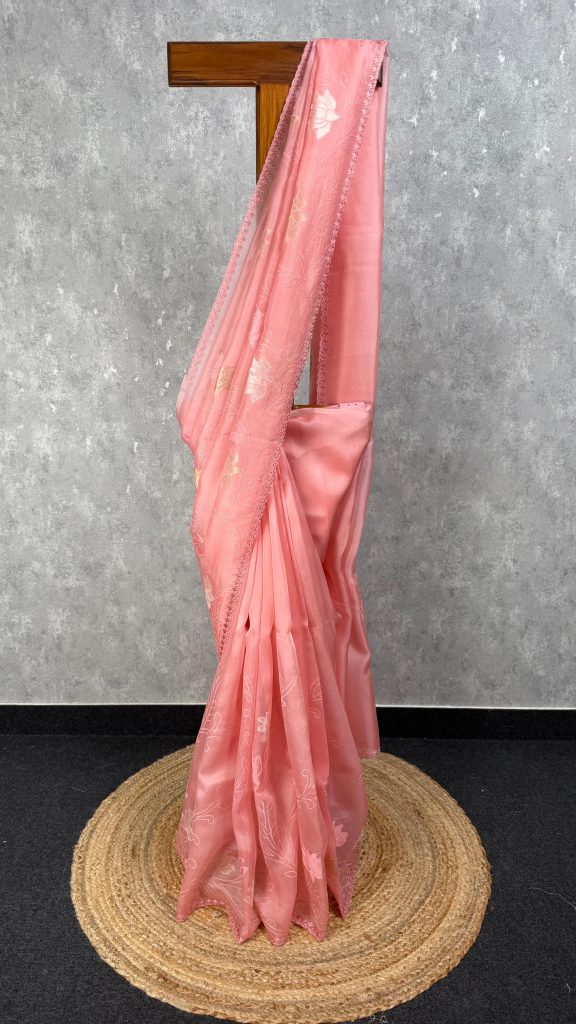 SILK ORGANZA TISSUE APPLIQUE EMBROIDERY SAREE