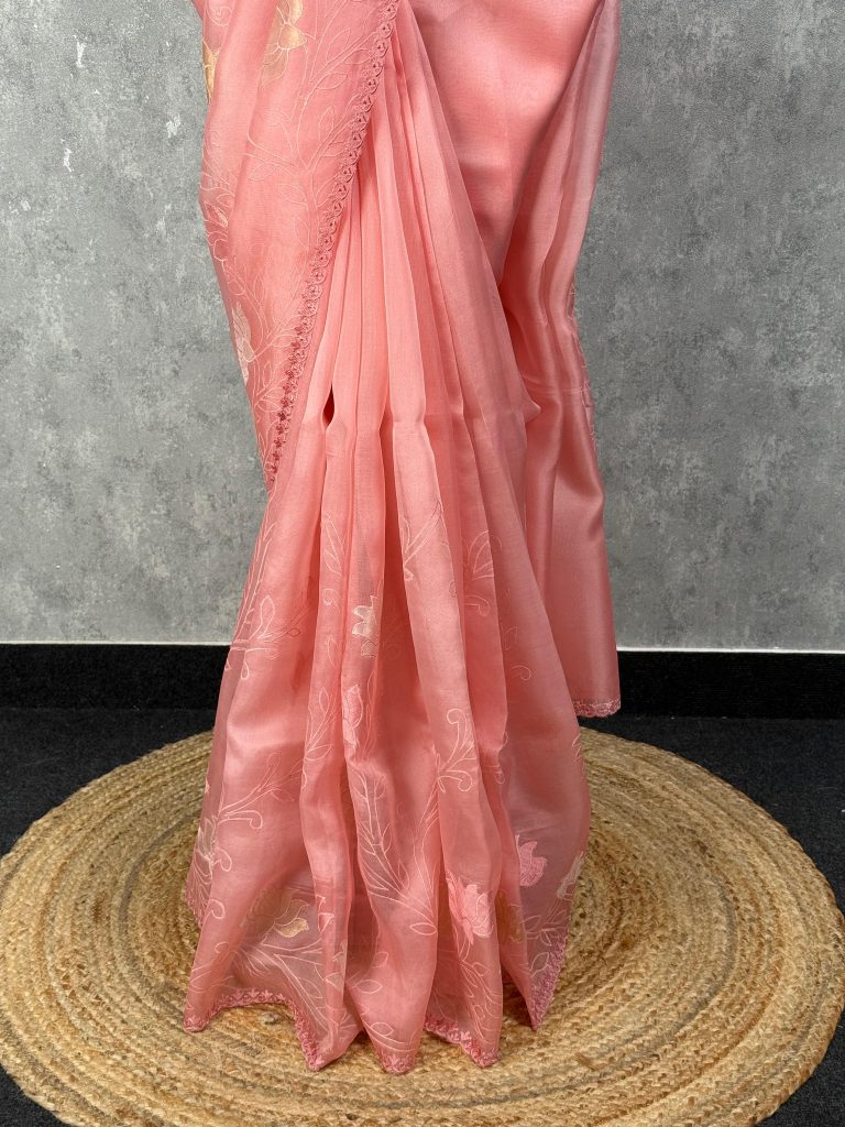 SILK ORGANZA TISSUE APPLIQUE EMBROIDERY SAREE - Image 3