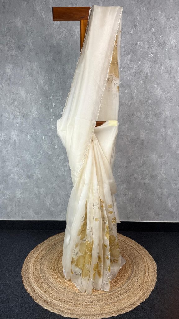 SILK ORGANZA HAND PAINTED EMBROIDERY SAREE