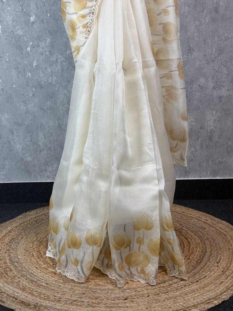 SILK ORGANZA HAND PAINTED EMBROIDERY SAREE - Image 3