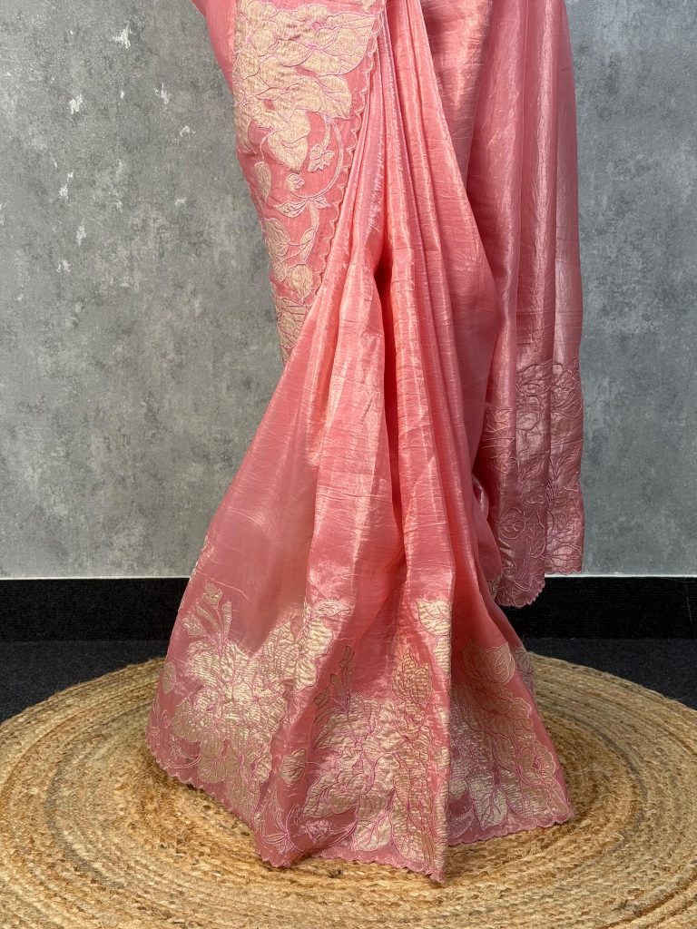 VISCOSE ORGANZA TISSUE APPLIQUE EMBROIDERY SAREE - Image 3