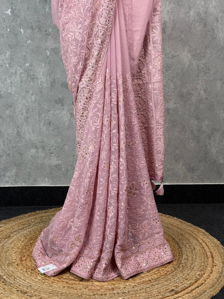 GEORGETTE CHIKANKARI HAND EMBROIDERY SAREE - Image 3
