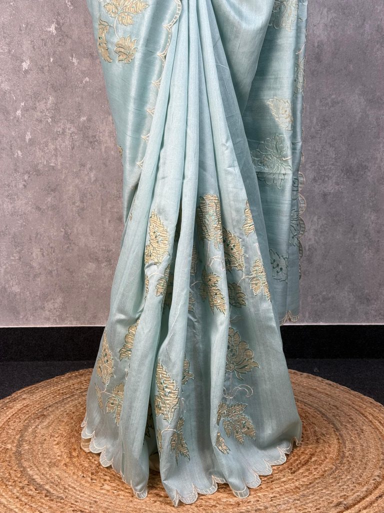 SEMI TUSSAR APPLIQUE EMBROIDEY SAREE - Image 3