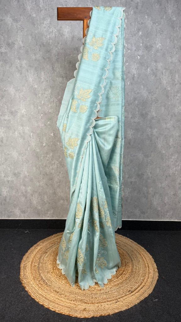 SEMI TUSSAR APPLIQUE EMBROIDEY SAREE