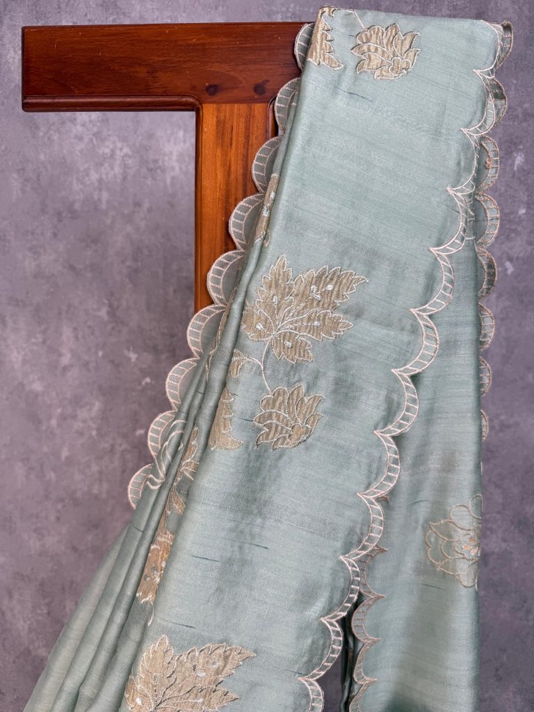 SEMI TUSSAR APPLIQUE EMBROIDERY SAREE - Image 2