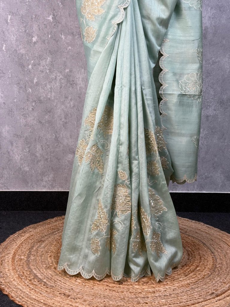 SEMI TUSSAR APPLIQUE EMBROIDERY SAREE - Image 3