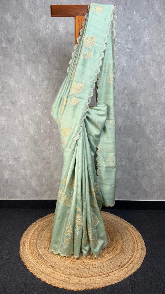SEMI TUSSAR APPLIQUE EMBROIDERY SAREE