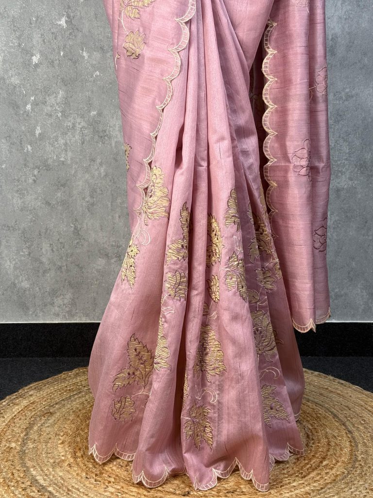 SEMI TUSSAR APPLIQUE EMBROIDERY SAREE - Image 3