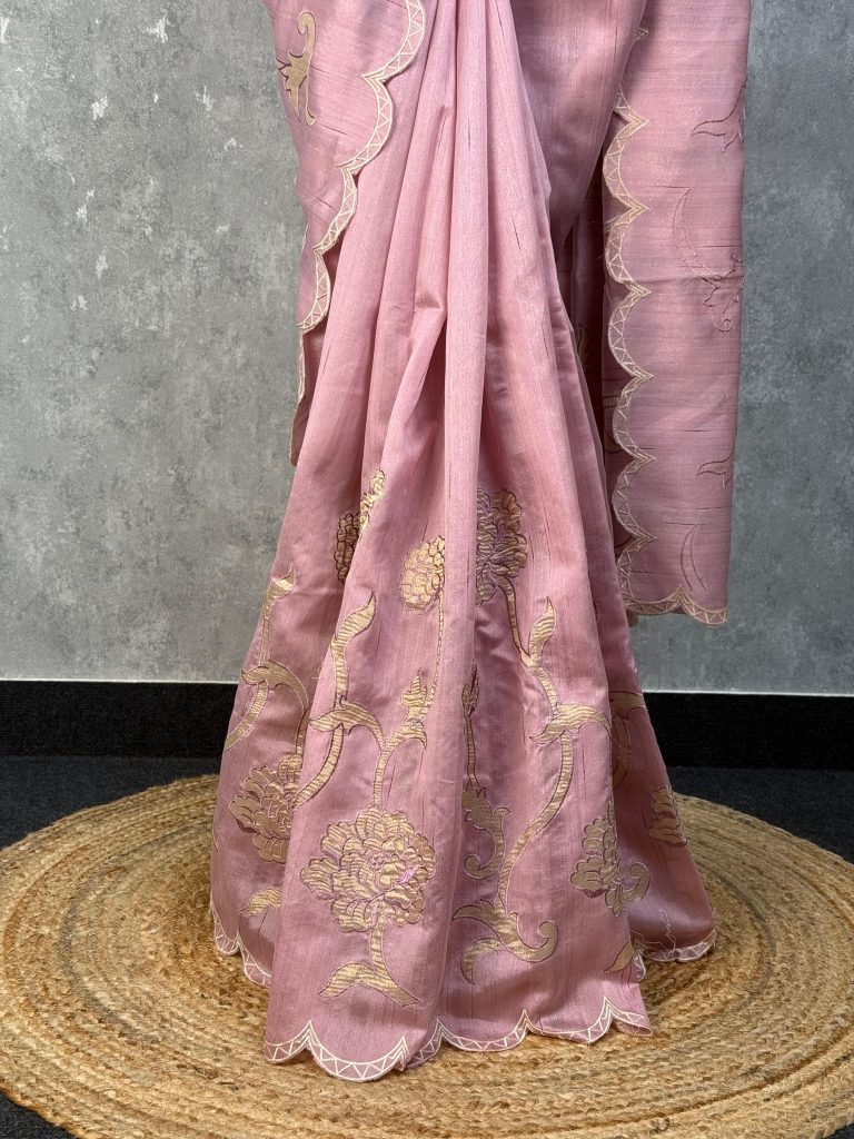 SEMI TUSSAR APPLIQUE EMBROIDERY SAREE - Image 3