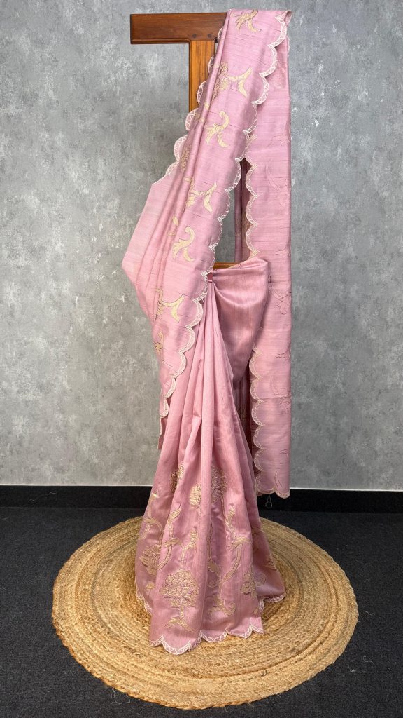 SEMI TUSSAR APPLIQUE EMBROIDERY SAREE