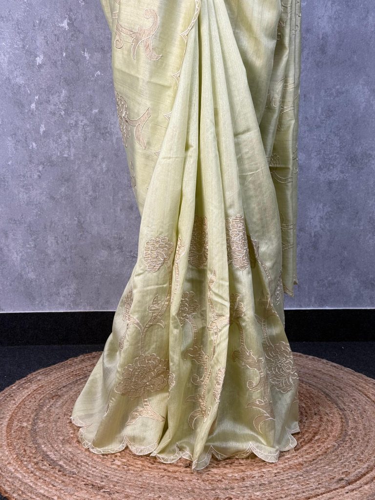 SEMI TUSSAR APPLIQUE EMBROIDERY SAREE - Image 3