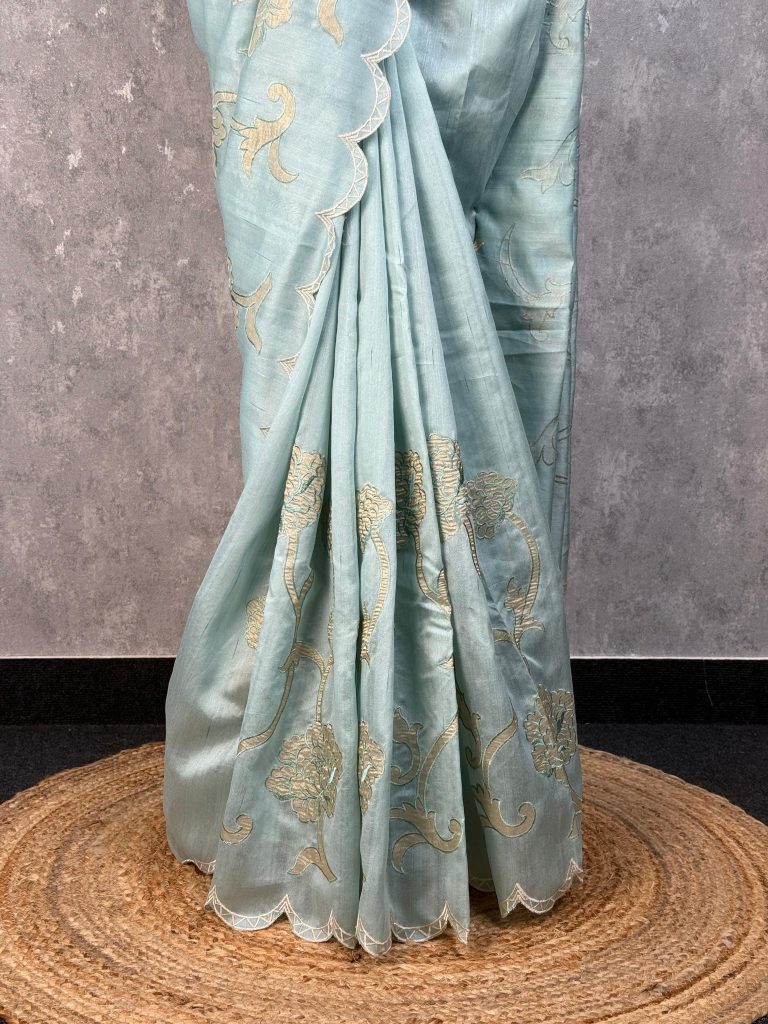SEMI TUSSAR APPLIQUE EMBROIDERY SAREE - Image 3