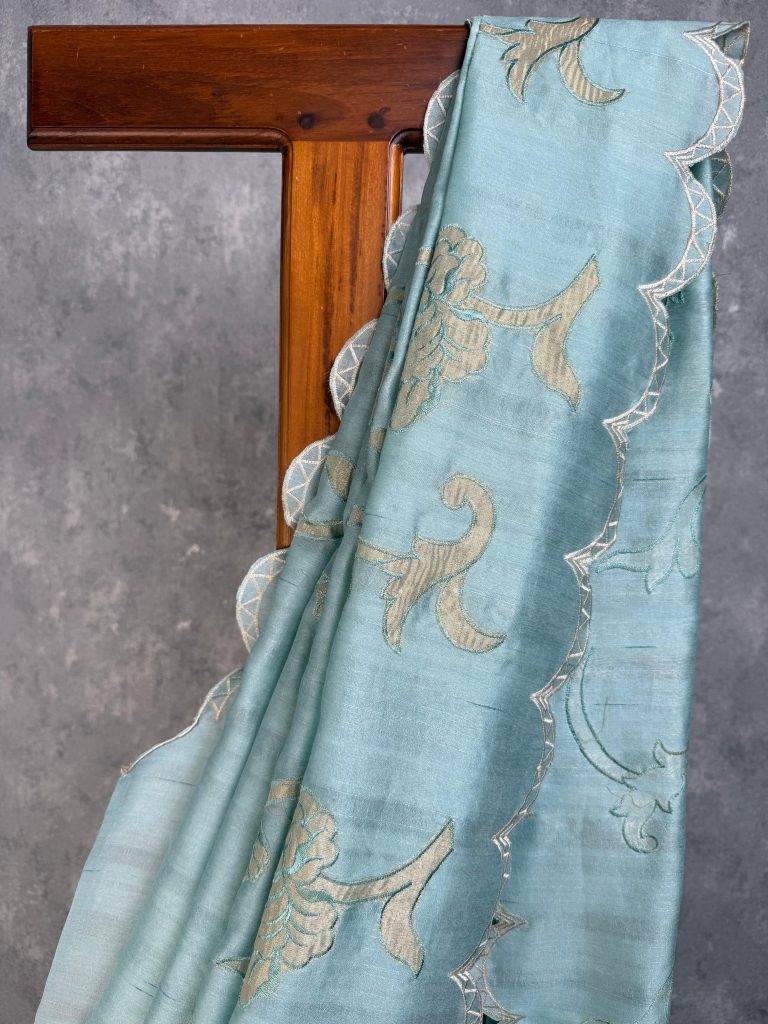 SEMI TUSSAR APPLIQUE EMBROIDERY SAREE - Image 2