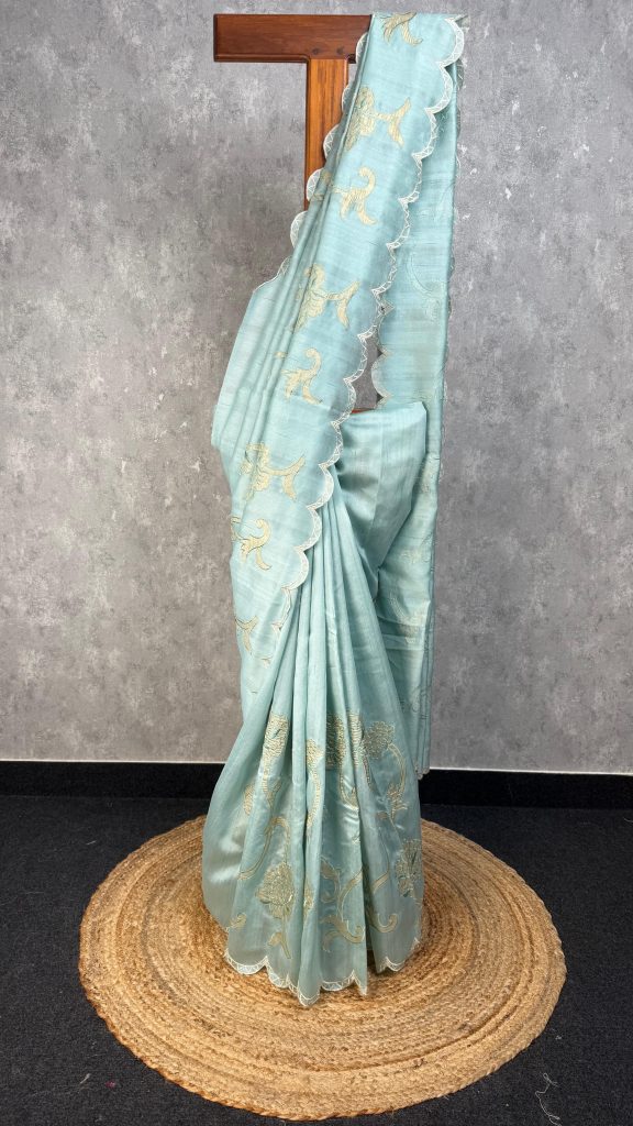 SEMI TUSSAR APPLIQUE EMBROIDERY SAREE