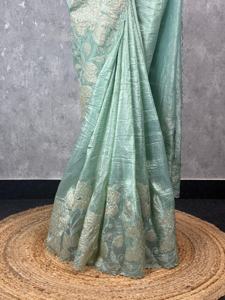 VISCOSE ORGANZA TISSUE APPLIQUE EMBROIDERY SAREE - Image 3