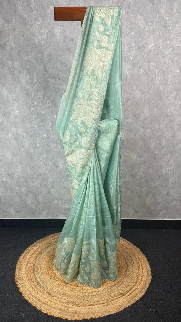 VISCOSE ORGANZA TISSUE APPLIQUE EMBROIDERY SAREE