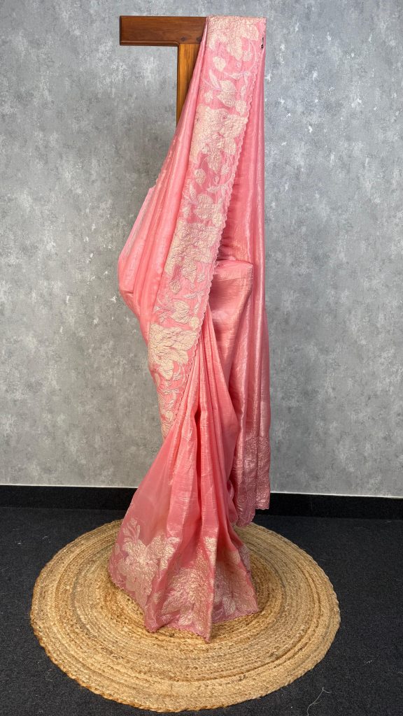 VISCOSE ORGANZA TISSUE APPLIQUE EMBROIDERY SAREE