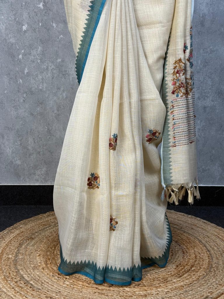 SEMI LINEN EMBROIDERY SAREE - Image 3