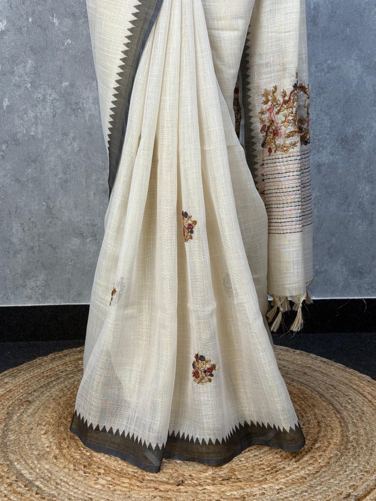 SEMI LINEN EMBROIDERY SAREE - Image 3