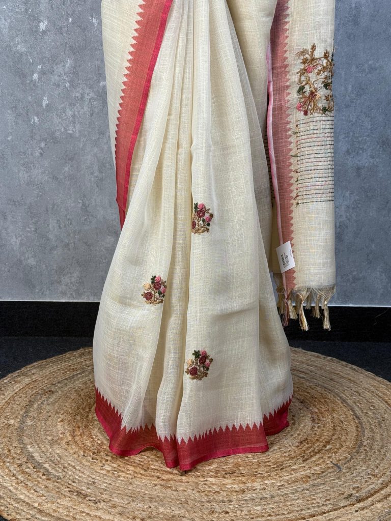 SEMI LINEN EMBROIDERY SAREE - Image 3