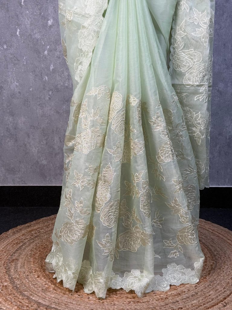 ORGANZA TISSUE APPLIQUE EMBROIDERY SAREE - Image 3