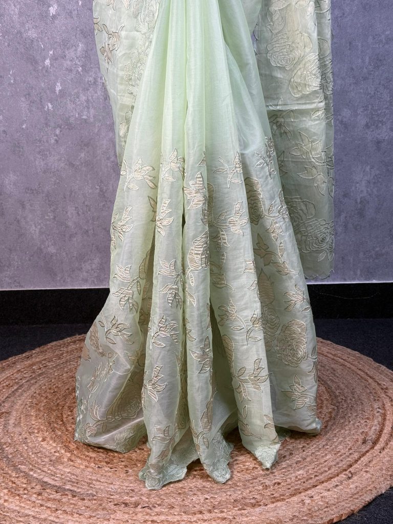 ORGANZA TISSUE APPLIQUE EMBROIDERY SAREE - Image 3