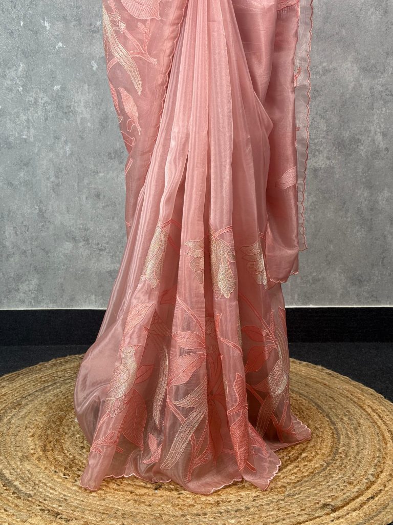 VISCOSE ORGANZA TISSUE APPLIQUE EMBROIDERY SAREE - Image 3
