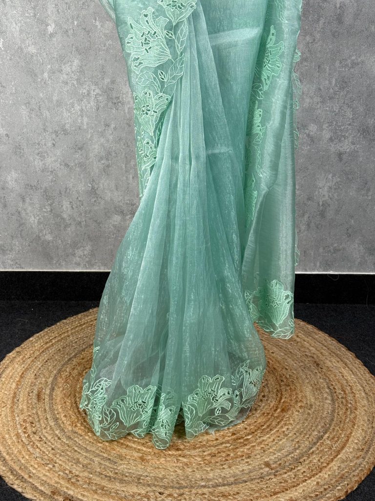 GLASS TISSUE ORGANZA CUTWORK EMBROIDERY SAREE - Image 3