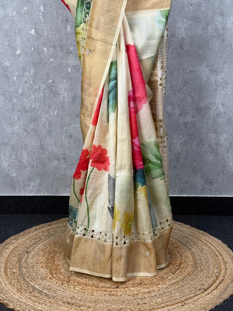 TUSSAR SILK CUTWORK EMBROIDERY SAREE - Image 3