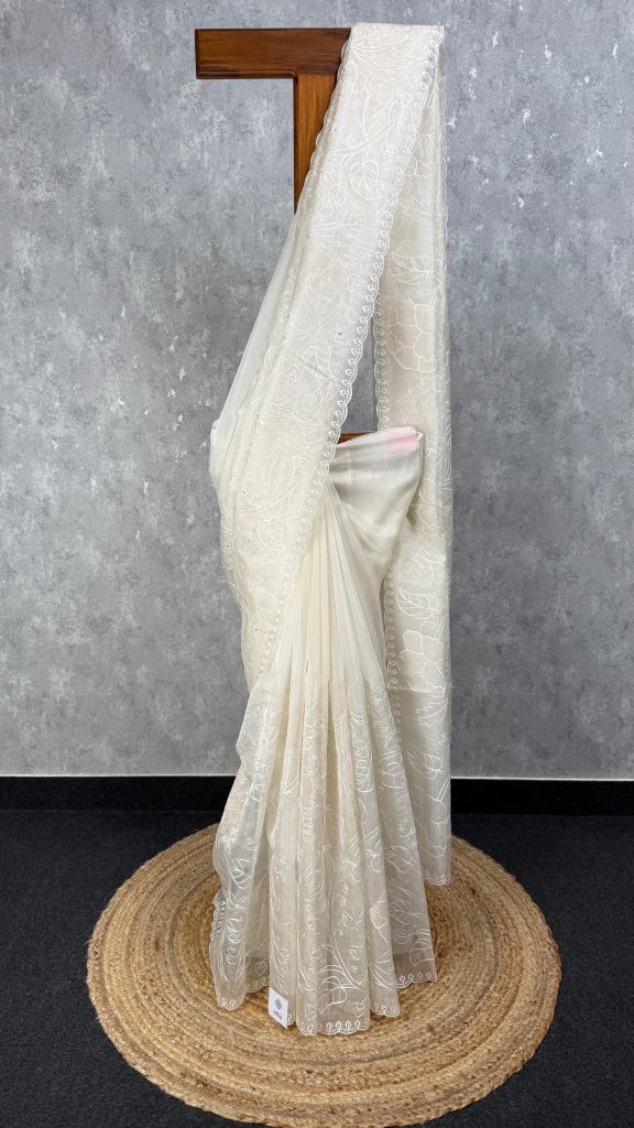 SILK ORGANZA TISSUE APPLIQUE EMBROIDERY SAREE