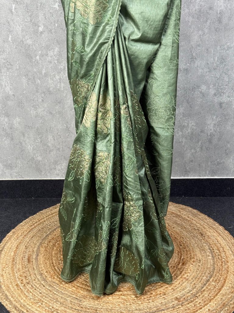 TUSSAR SILK APPLIQUE EMBROIDERY SAREE - Image 3